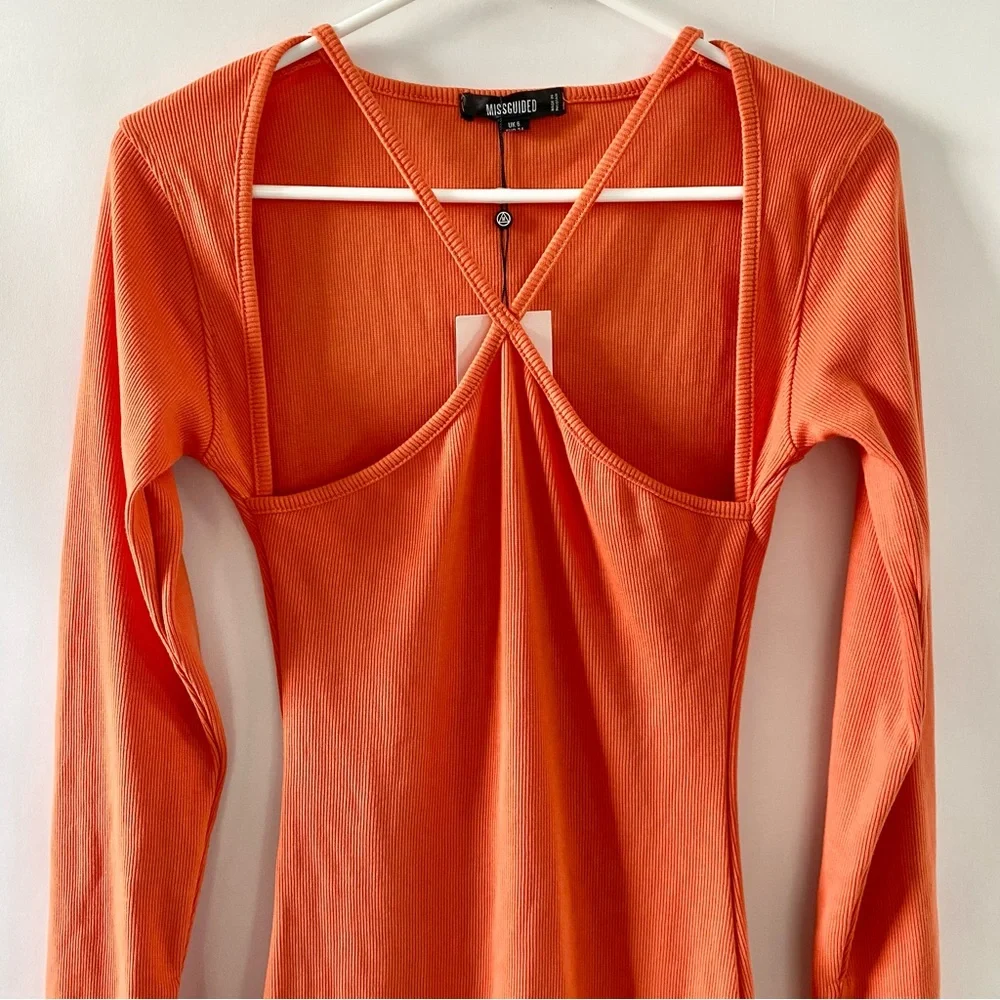 NWT Missguided Cut Out Long Sleeve Rib Bodycon Midi Dress Orange 2 - Picture 7 of 16